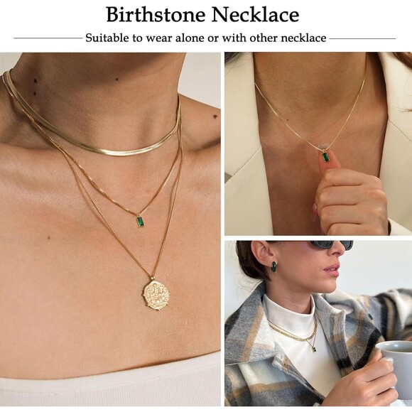 Dainty Birthday Emerald 14K Gold CZ Necklace  Baguette Necklaces for Women Gift - Picture 3 of 5